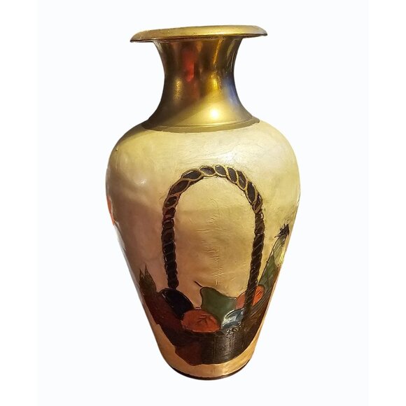 Vintage 8" Brass Enamel Painted Vase Fruit Basket Design Small Chip in Enamel - Picture 5 of 10